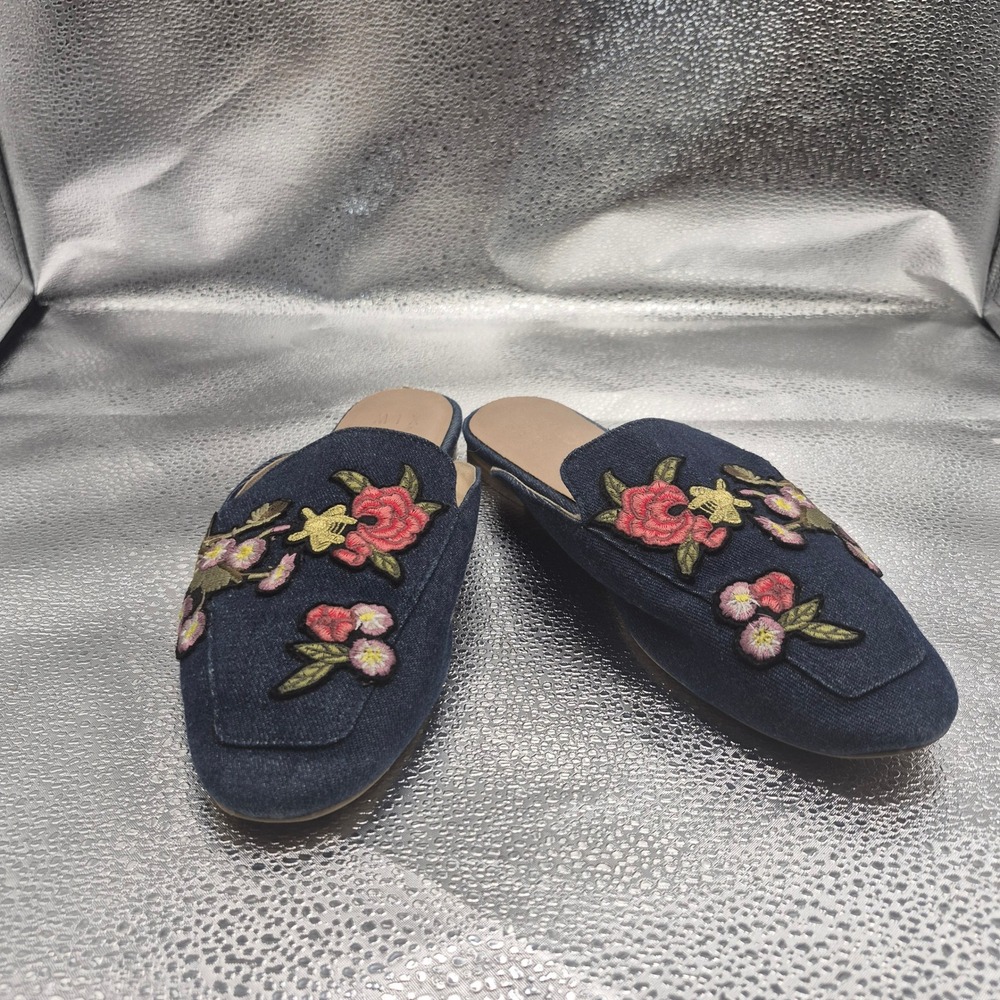 Mix No. 6 Alexcina Denim Floral Embroidered Mules Blue Slides Size 7